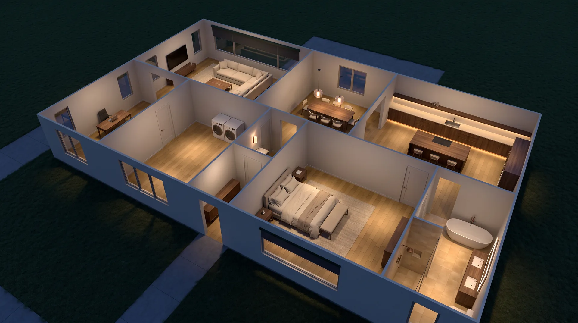 The Smith Residence at dusk, rendered from its 3D model with the lighting design on